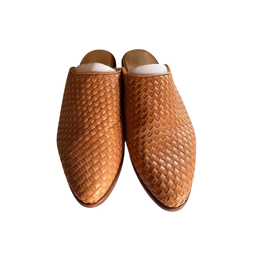 Nisolo Woven Leather Mules Brandy Tan Pointed Toe Slip On Block Heel Shoes 9.5
